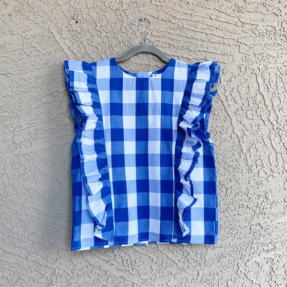 ANTHROPOLOGIE NWT WHIT Blue & White Gingham Checkered Plaid Ruffle Top XS - Picture 12 of 15